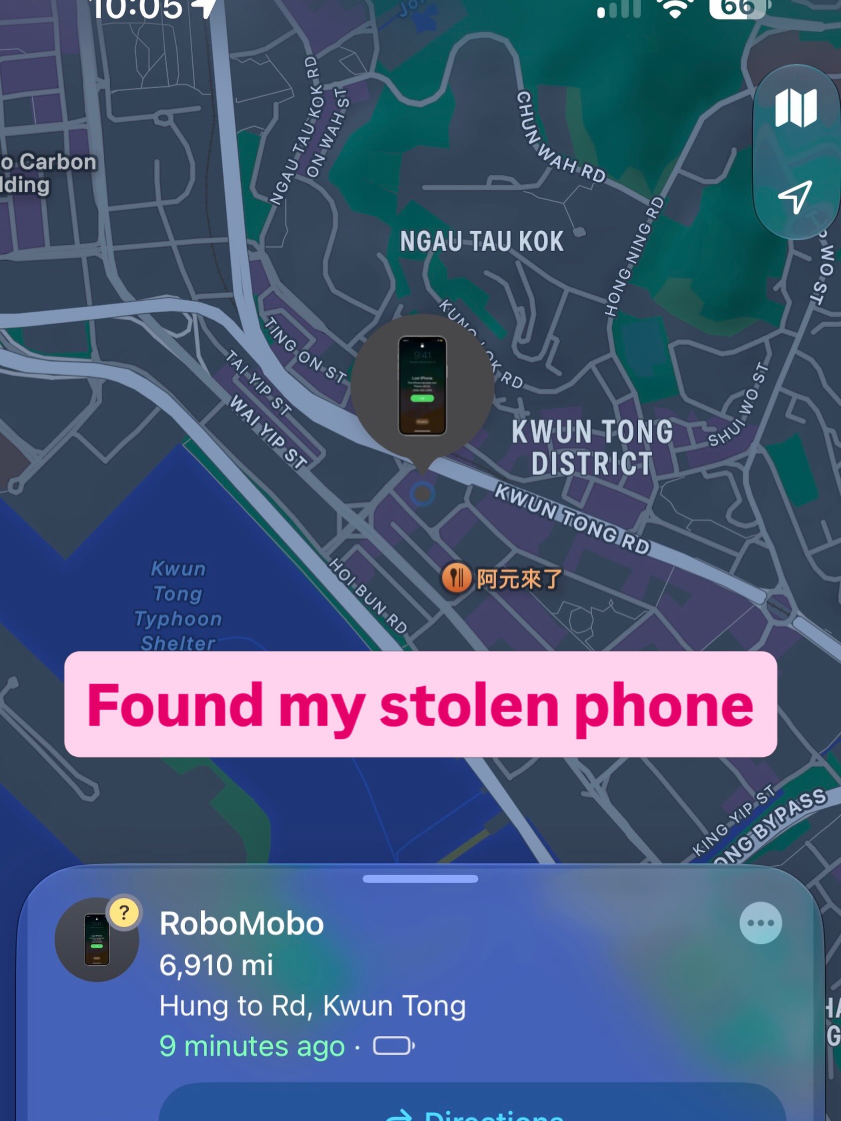 Find My showing stolen iPhone RoboMobo near Hung To Road in Kwun Tong, Hong Kong