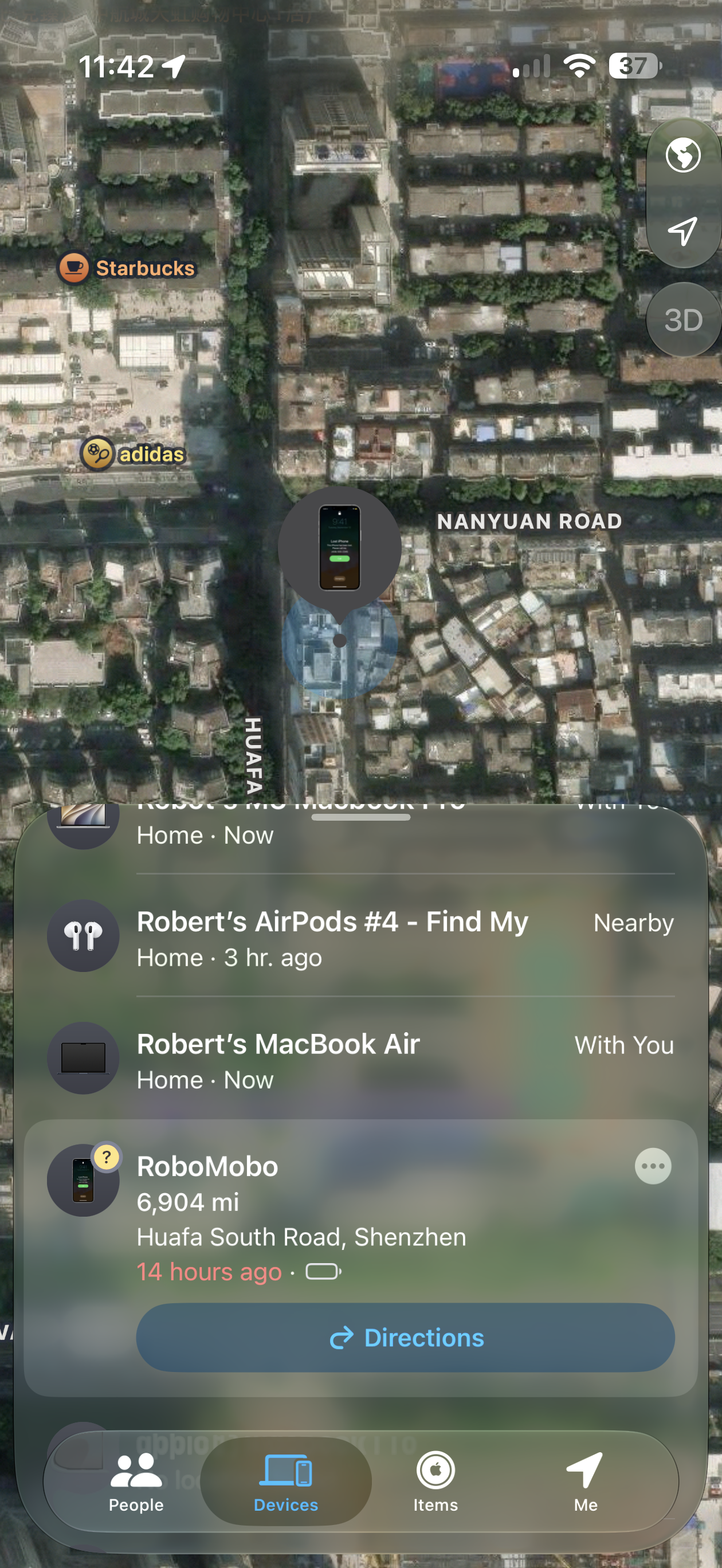Wider Find My map showing the location of stolen iPhone RoboMobo in Shenzhen