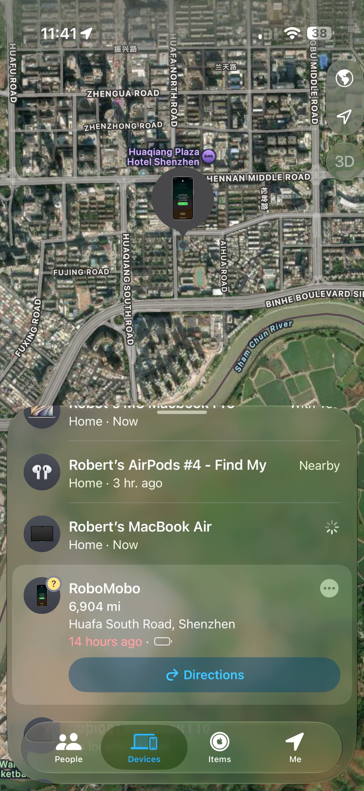 Find My showing stolen iPhone RoboMobo near Huafa South Road in Shenzhen