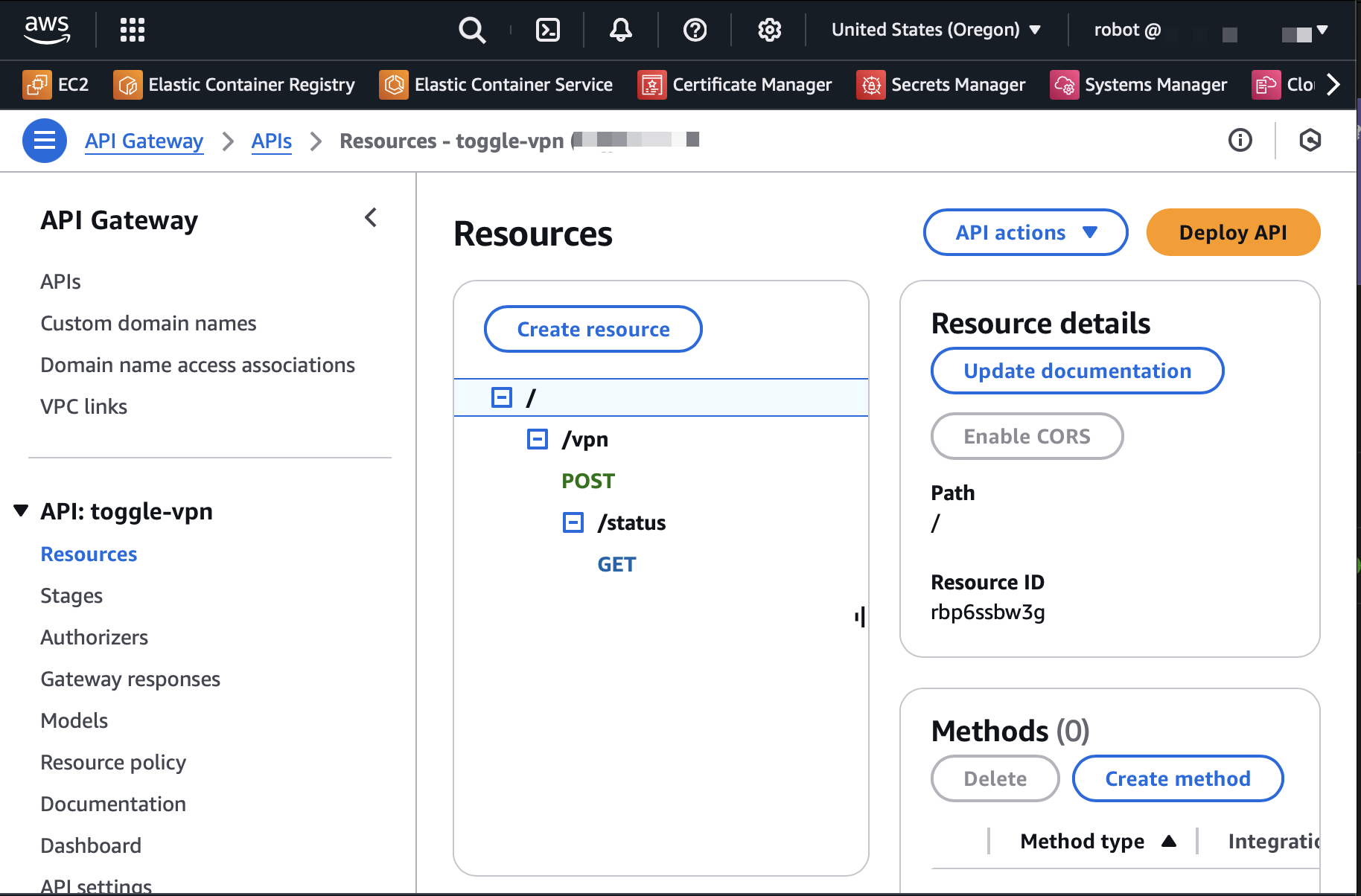 API Gateway console showing the API endpoints