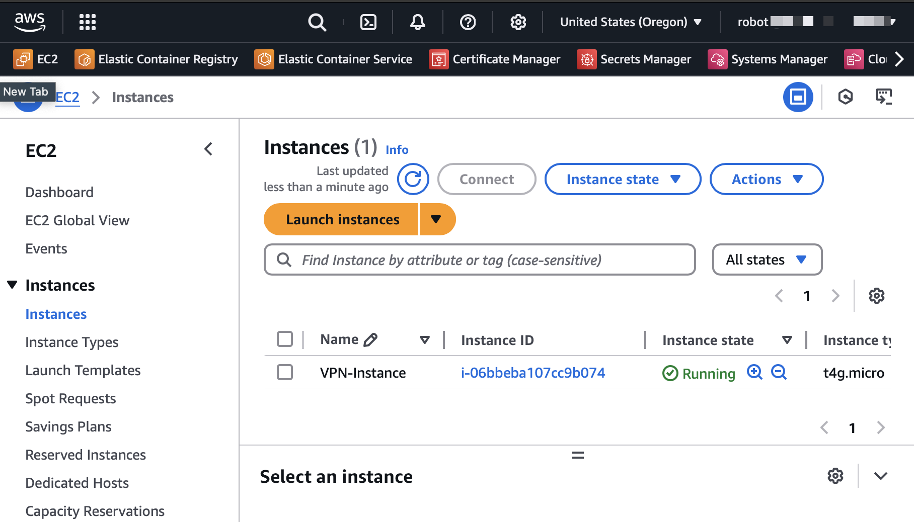 AWS Console showing the running EC2 instance with VPN